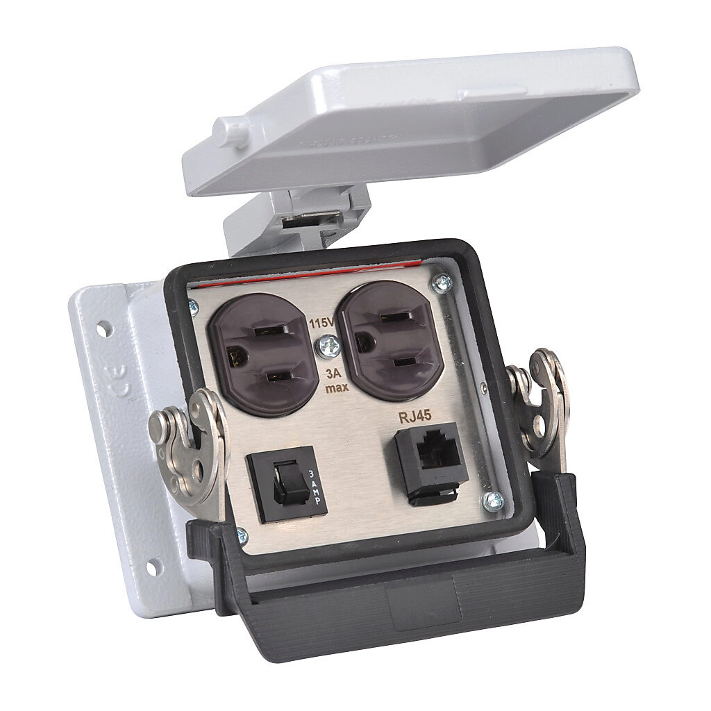 ZP-PDA-32-201 - ZIPport panel interface connector, duplex 120 VAC outlet, (1) RJ45 Ethernet port with female exterior/female interior, 3A circuit breaker.