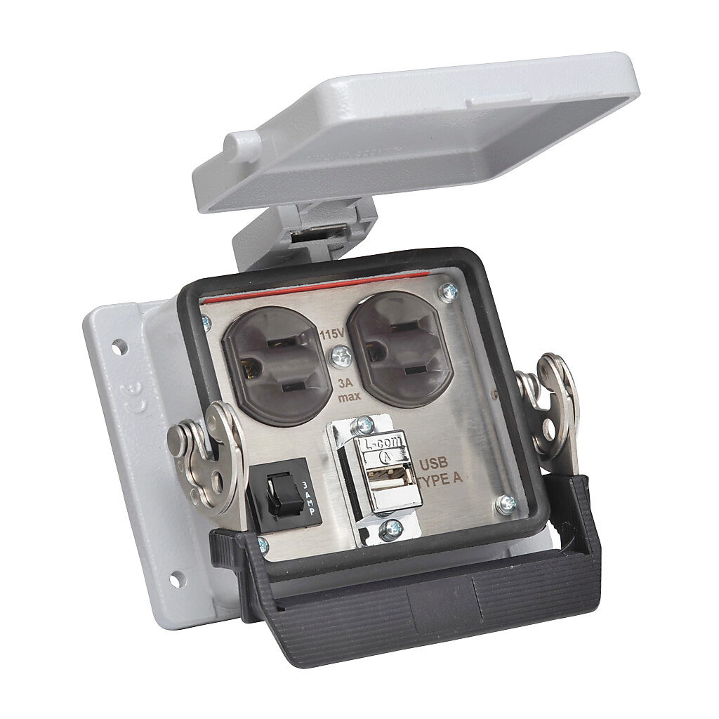 ZP-PDA-32-202 - ZIPport panel interface connector, duplex 120 VAC outlet, (1) USB A port with female exterior/USB A female interior, 3A circuit breaker.