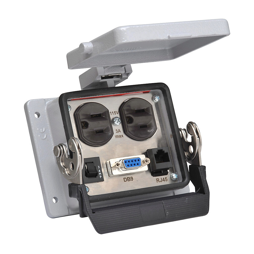 ZP-PDA-32-300 - ZIPport panel interface connector, duplex 120 VAC outlet, (1) 9-pin D-sub connector with female exterior/male interior, (1) RJ45 Ethernet port with female exterior/female interior, 3A circuit breaker.