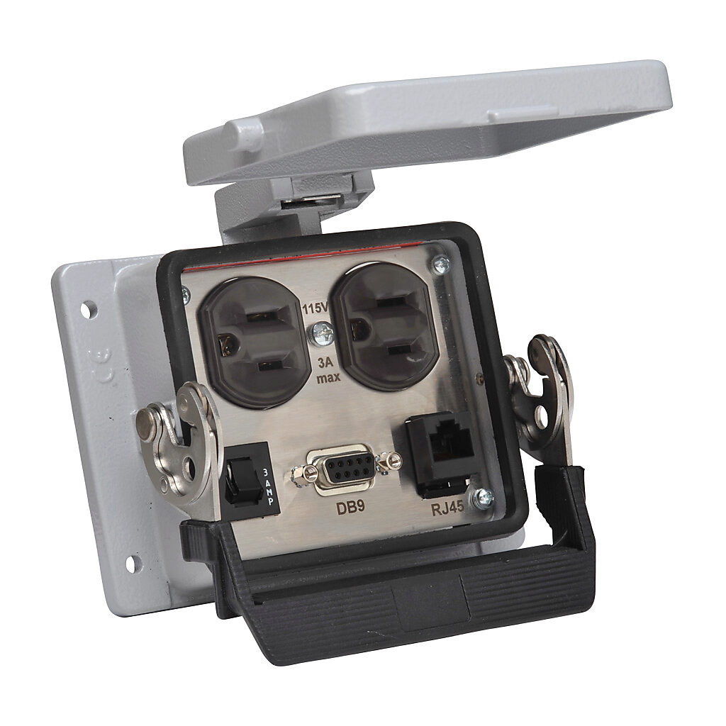 ZP-PDA-32-301 - ZIPport panel interface connector, duplex 120 VAC outlet, (1) 9-pin D-sub connector with female exterior/9-position screw terminal block interior, (1) RJ45 Ethernet port with female exterior/female interior, 3A circuit breaker.