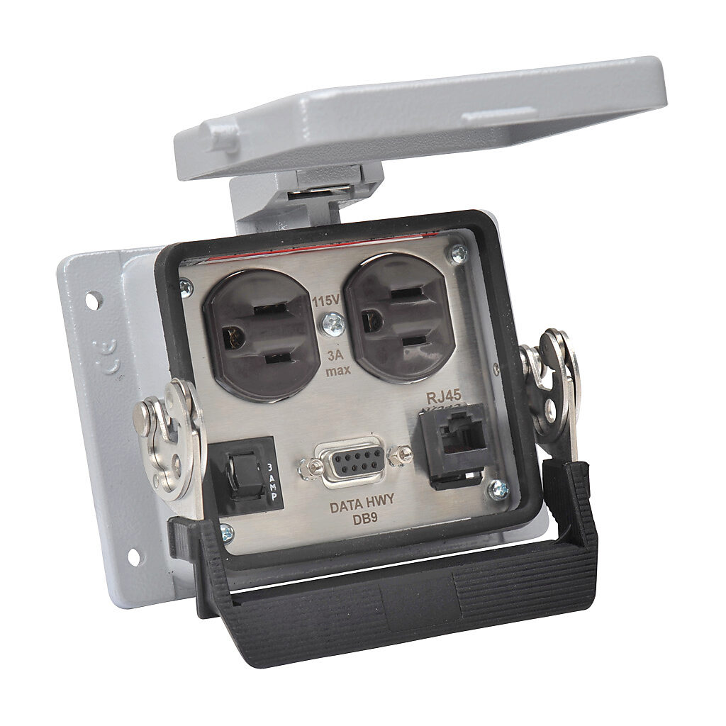 ZP-PDA-32-304 - ZIPport panel interface connector, duplex 120 VAC outlet, (1) 9-pin D-sub connector with female exterior/Data Highway 3-pin terminal block interior, (1) RJ45 Ethernet port with female exterior/female interior, 3A circuit breaker.