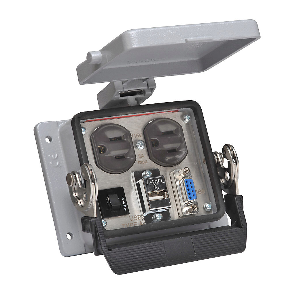 ZP-PDA-32-305 - ZIPport panel interface connector, duplex 120 VAC outlet, (1) 9-pin D-sub connector with female exterior/male interior, (1) USB A port with female exterior/USB A female interior, 3A circuit breaker.