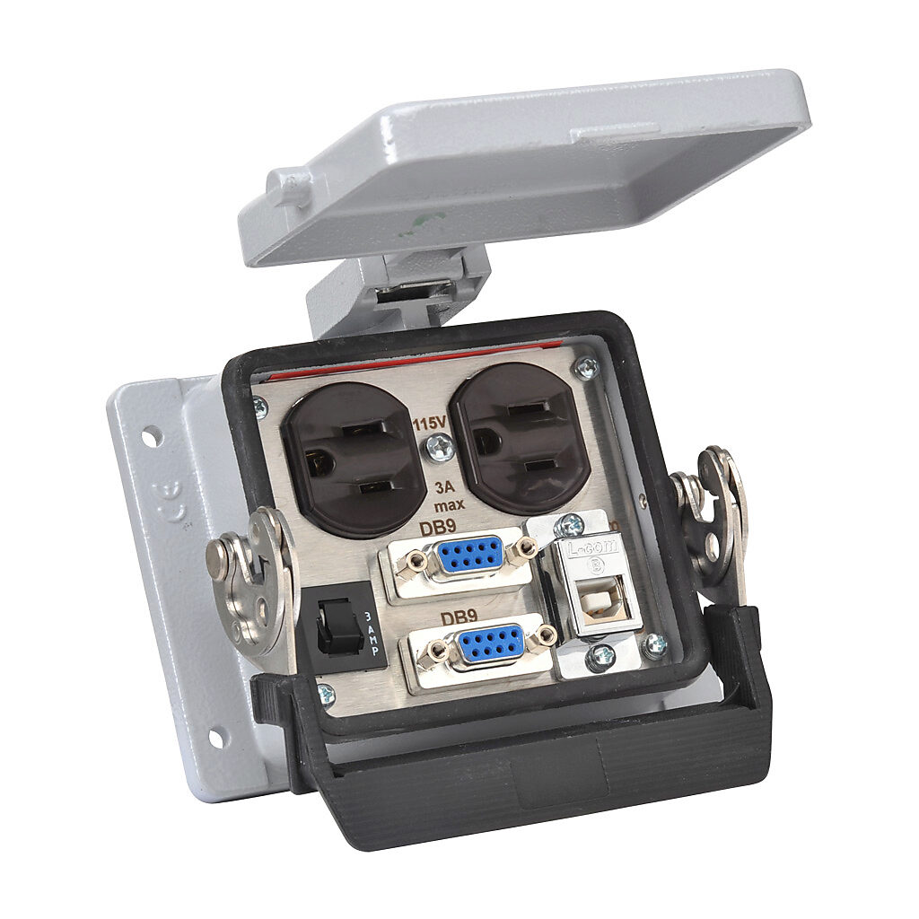 ZP-PDA-32-400 - ZIPport panel interface connector, duplex 120 VAC outlet, (2) 9-pin D-sub connectors with female exterior/male interior, (1) USB B port with female exterior/USB A female interior, 3A circuit breaker.