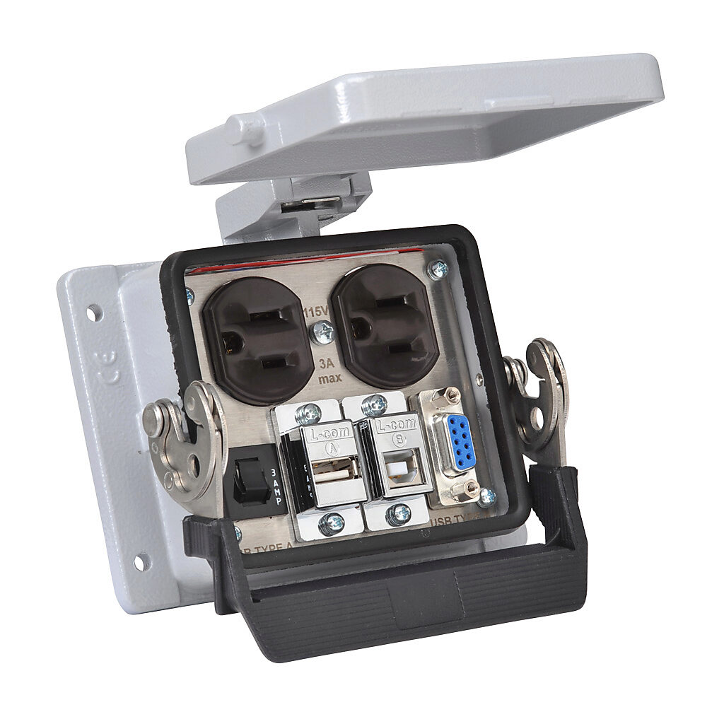 ZP-PDA-32-401 - ZIPport panel interface connector, duplex 120 VAC outlet, (1) 9-pin D-sub connector with female exterior/male interior, (1) USB B port with female exterior/USB A female interior, (1) USB A port with female exterior/USB B female int...