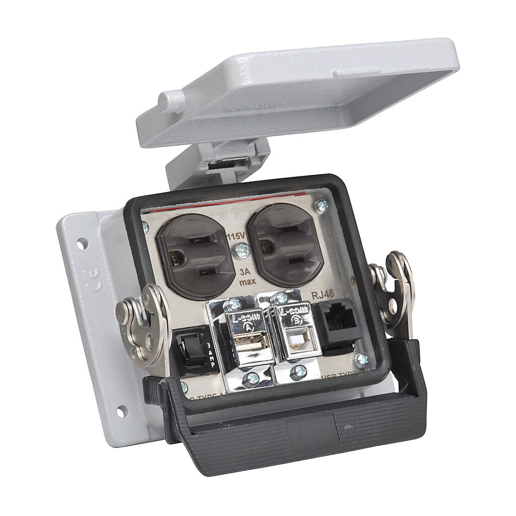 ZP-PDA-32-402 - ZIPport panel interface connector, duplex 120 VAC outlet, (1) RJ45 Ethernet port with female exterior/female interior, (1) USB B port with female exterior/USB A female interior, (1) USB A port with female exterior/USB B female inte...