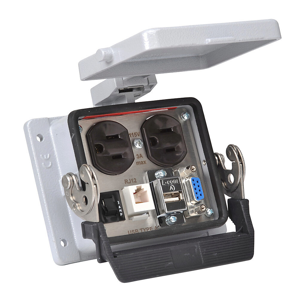 ZP-PDA-32-403 - ZIPport panel interface connector, duplex 120 VAC outlet, (1) 9-pin D-sub connector with female exterior/male interior, (1) RJ12 6-pin port with female exterior/RJ12 6-pin female interior, (1) USB A port with female exterior/USB A ...