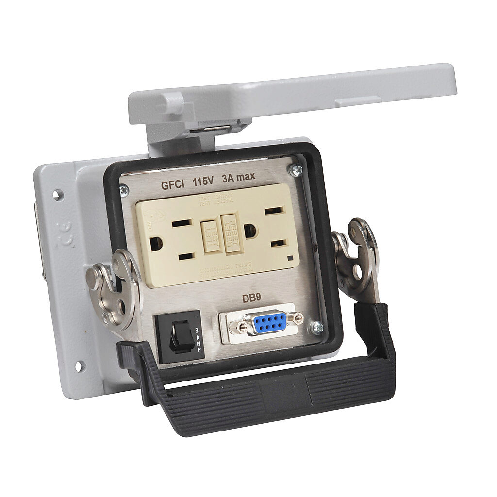 ZP-PGA-32-200 - ZIPport panel interface connector, GFCI duplex 120 VAC outlet, (1) 9-pin D-sub connector with female exterior/male interior, 3A circuit breaker.