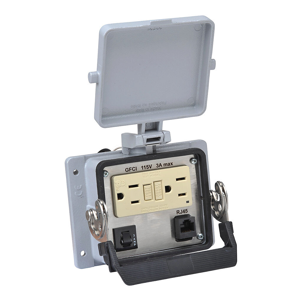 ZP-PGA-32-201 - ZIPport panel interface connector, GFCI duplex 120 VAC outlet, (1) RJ45 Ethernet port with female exterior/female interior, 3A circuit breaker.