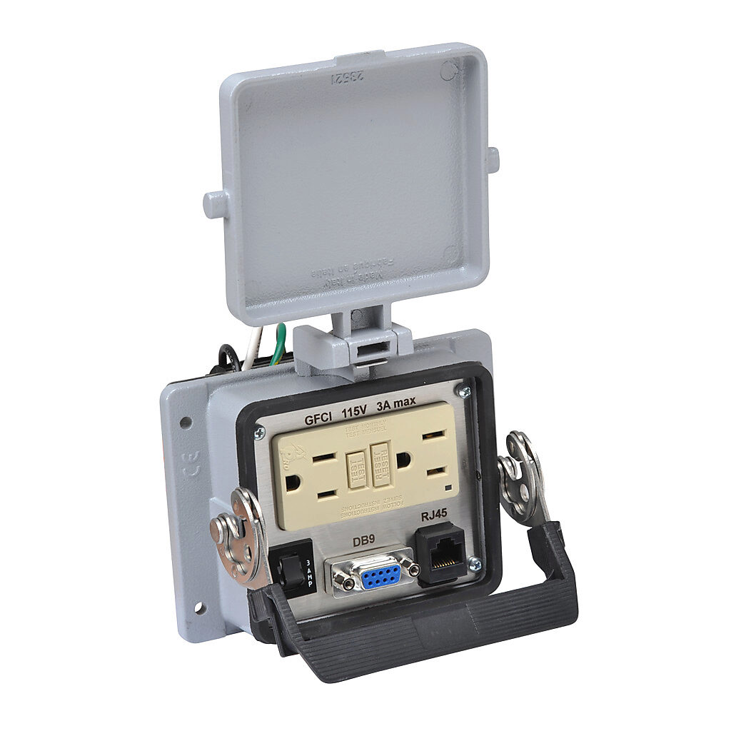 ZP-PGA-32-300 - ZIPport panel interface connector, GFCI duplex 120 VAC outlet, (1) 9-pin D-sub connector with female exterior/male interior, (1) RJ45 Ethernet port with female exterior/female interior, 3A circuit breaker.