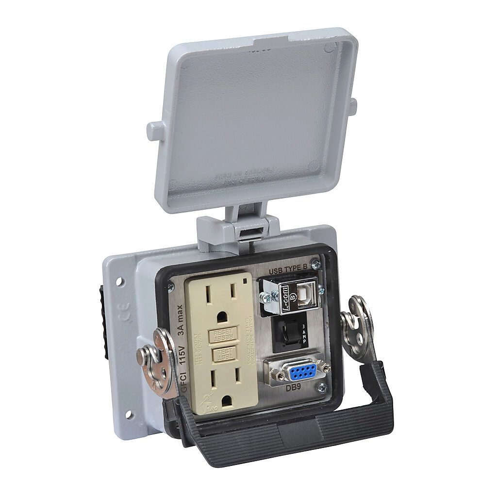 ZP-PGA-32-301 - ZIPport panel interface connector, GFCI duplex 120 VAC outlet, (1) 9-pin D-sub connector with female exterior/male interior, (1) USB B port with female exterior/USB A female interior, 3A circuit breaker.
