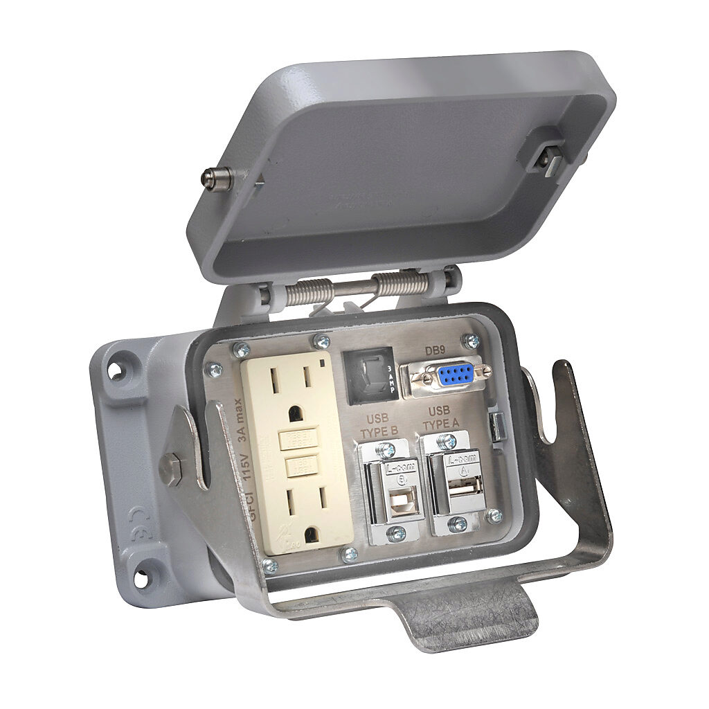 ZP-PGA-48-400 - ZIPport panel interface connector, GFCI duplex 120 VAC outlet, (1) 9-pin D-sub connector with female exterior/male interior, (1) USB B port with female exterior/USB A female interior, (1) USB A port with female exterior/USB B femal...