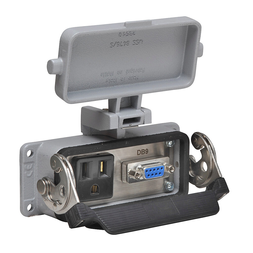 ZP-PSA-16-100 - ZIPport panel interface connector, single 120 VAC outlet, (1) 9-pin D-sub connector with female exterior/male interior.