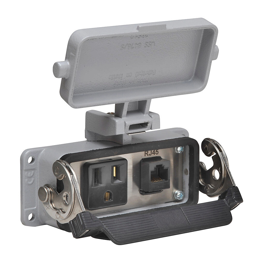 ZP-PSA-16-101 - ZIPport panel interface connector, single 120 VAC outlet, (1) RJ45 Ethernet port with female exterior/female interior.