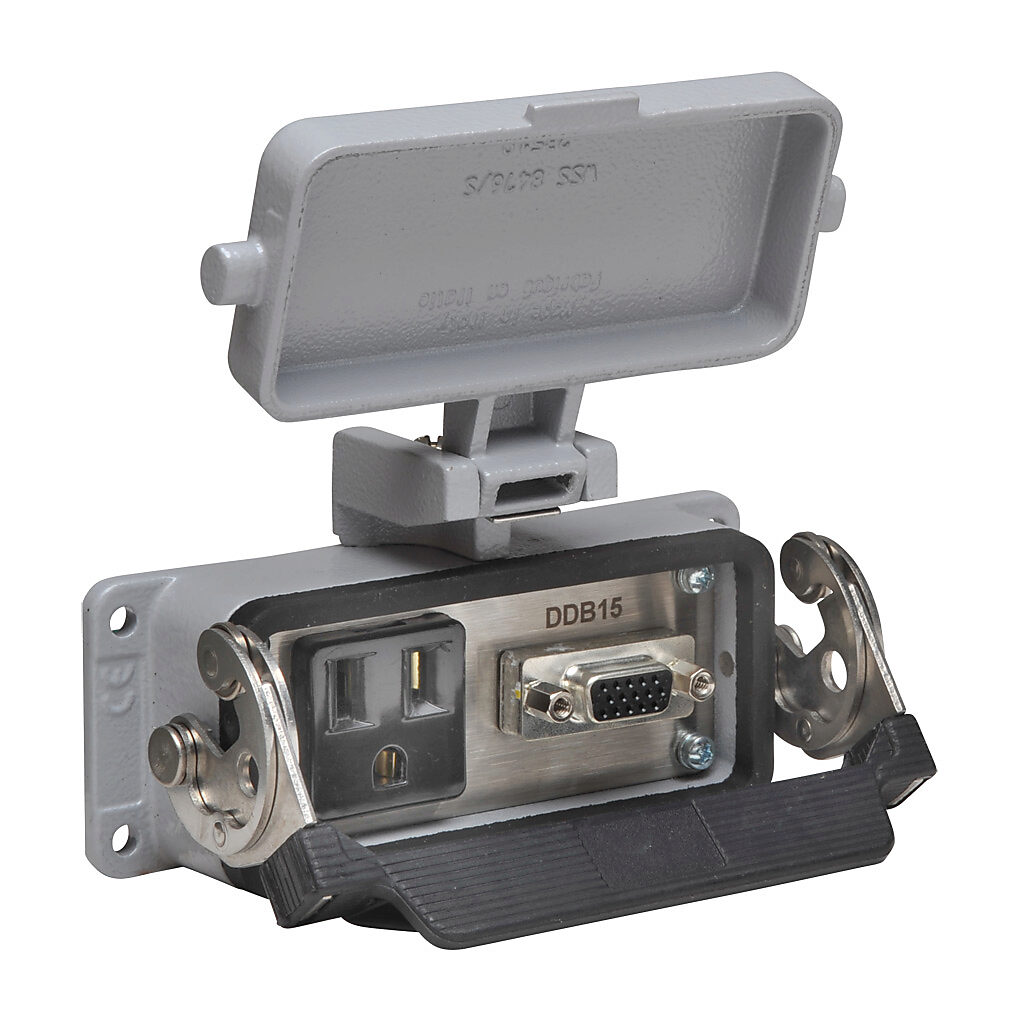 ZP-PSA-16-103 - ZIPport panel interface connector, single 120 VAC outlet, (1) 15-pin D-sub HD15 connector with female exterior/male interior.