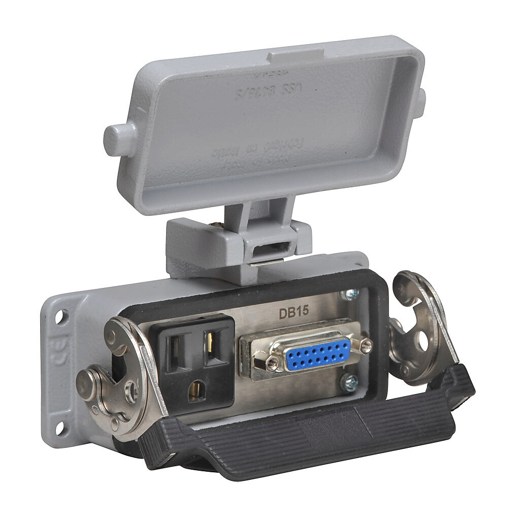 ZP-PSA-16-104 - ZIPport panel interface connector, single 120 VAC outlet, (1) 15-pin D-sub connector with female exterior/male interior.