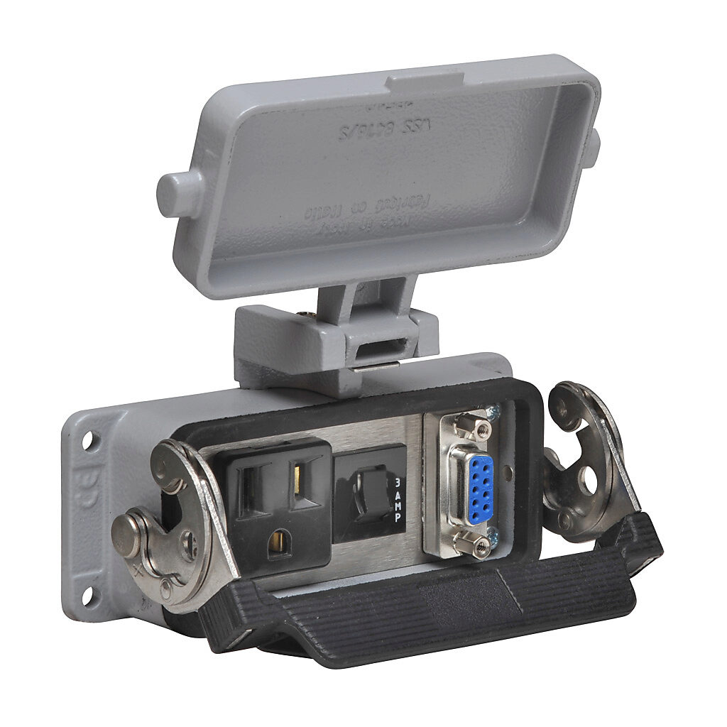 ZP-PSA-16-200 - ZIPport panel interface connector, single 120 VAC outlet, (1) 9-pin D-sub connector with female exterior/male interior, 3A circuit breaker.