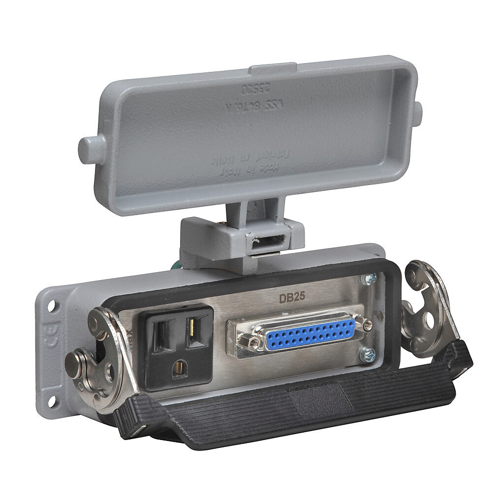 ZP-PSA-24-100 - ZIPport panel interface connector, single 120 VAC outlet, (1) 25-pin D-sub connector with female exterior/male interior.