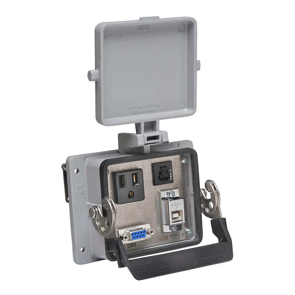 ZP-PSA-32-300 - ZIPport panel interface connector, single 120 VAC outlet, (1) 9-pin D-sub connector with female exterior/male interior, (1) USB B port with female exterior/USB A female interior, 3A circuit breaker.