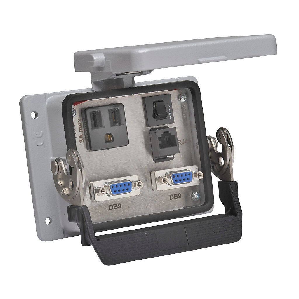 ZP-PSA-32-400 - ZIPport panel interface connector, single 120 VAC outlet, (2) 9-pin D-sub connectors with female exterior/male interior, (1) RJ45 Ethernet port with female exterior/female interior, 3A circuit breaker.