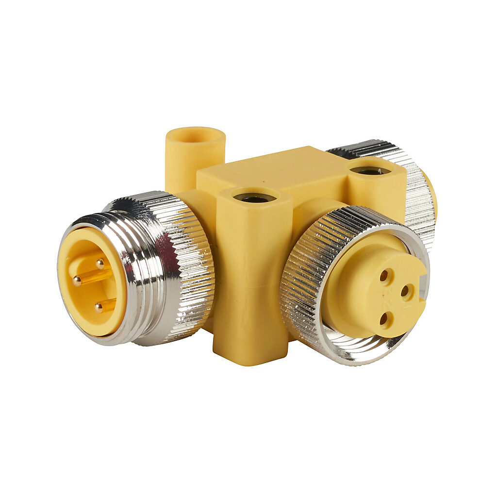 ZP-S1-3MFF-T - ZIPport T-coupler, (2) 3-pole female 7/8in - 16 UN2 nuts to 3-pole male 7/8in - 16 UN2 barrel, parallel distribution.