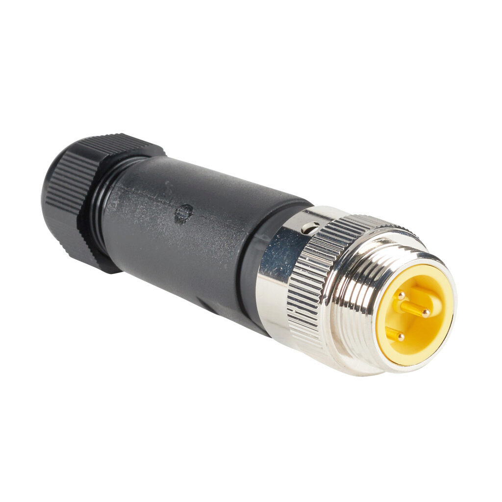 ZP-S1-3MPM-FW - ZIPport connector, field-wireable, 7/8in - 16 UN2 thread barrel 3-pin male axial, accepts cable diameter size 5-13mm, 22-14 AWG, North American color code, screw terminal connection, IP67.