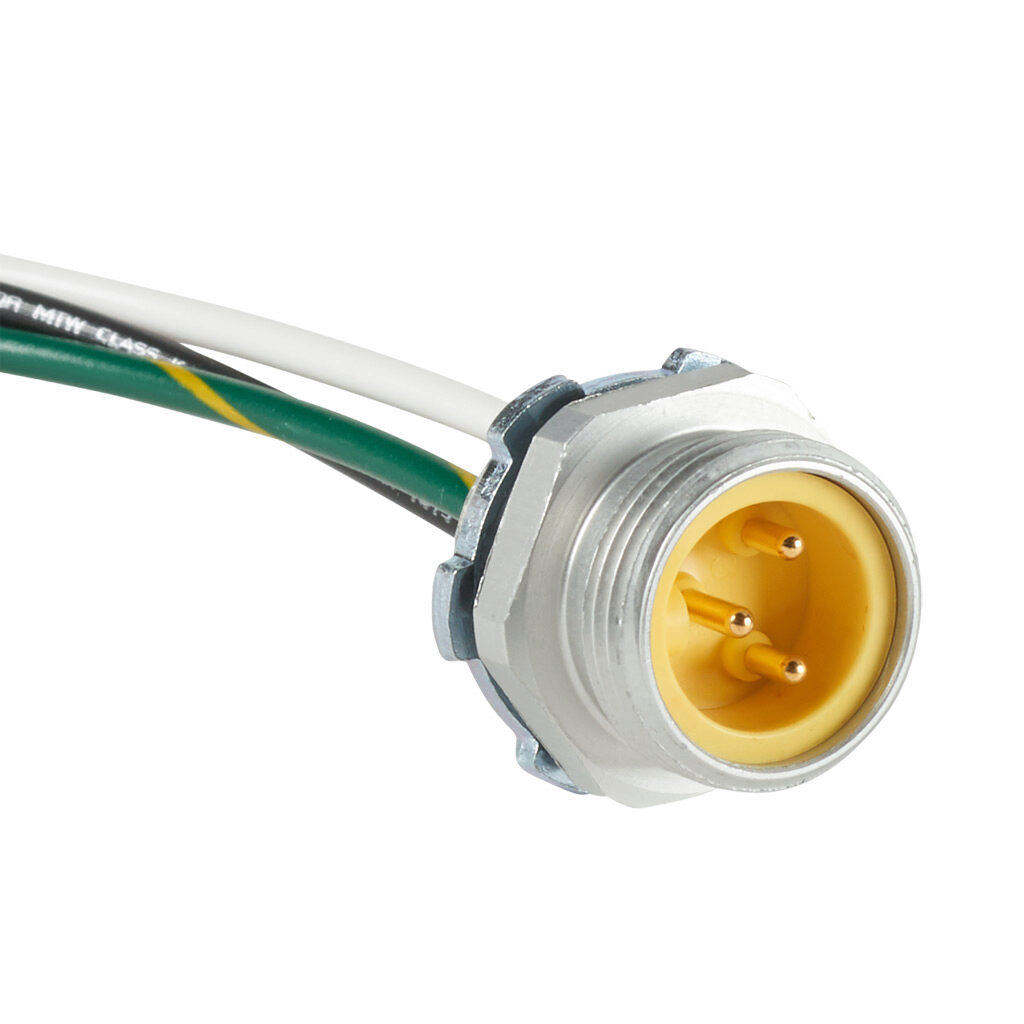 ZP-S1-3MR-0P3M - ZIPport bulkhead connector, 7/8in 3-pin male to pigtail, 16 AWG, 0.9ft/0.3m cable length, ether-based polyurethane conductor insulation material, IP67.