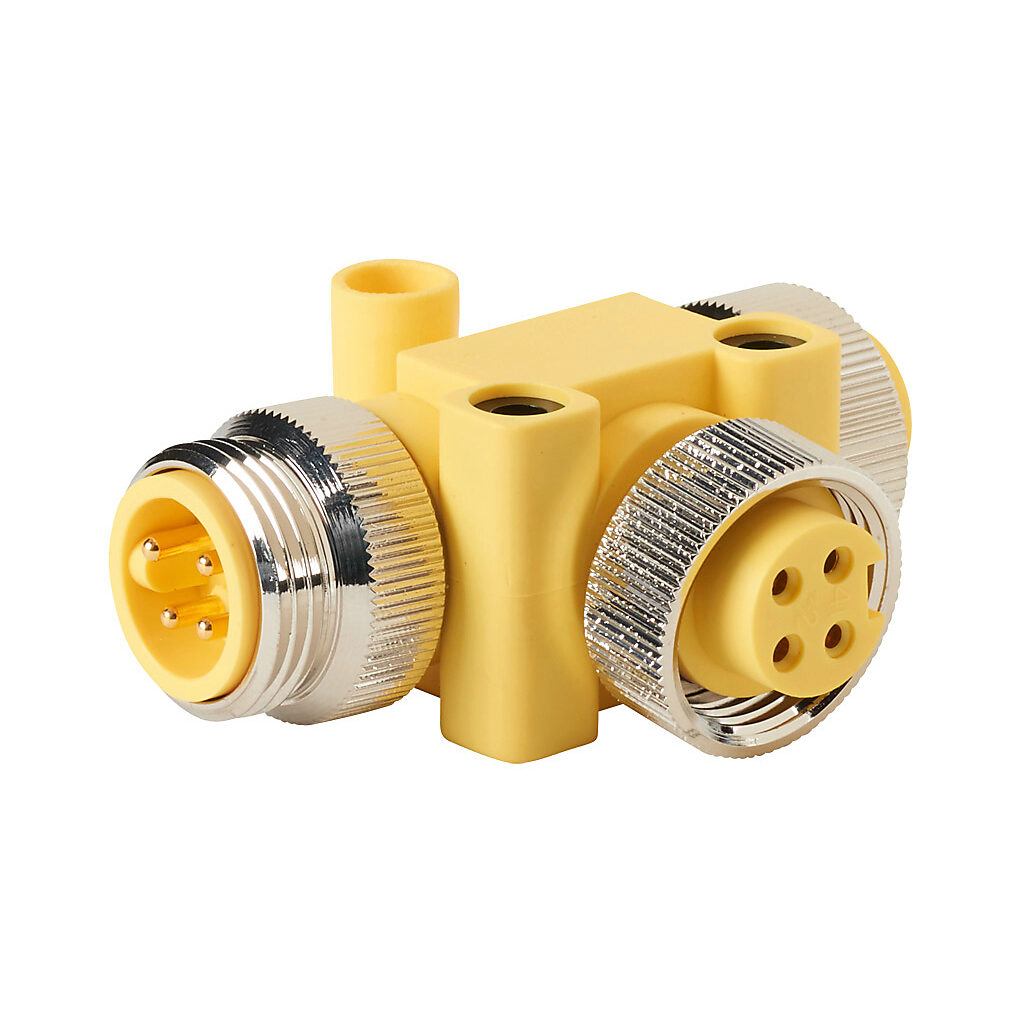 ZP-S1-4MFF-T - ZIPport T-coupler, (2) 4-pole female 7/8in - 16 UN2 nuts to 4-pole male 7/8in - 16 UN2 barrel, parallel distribution.