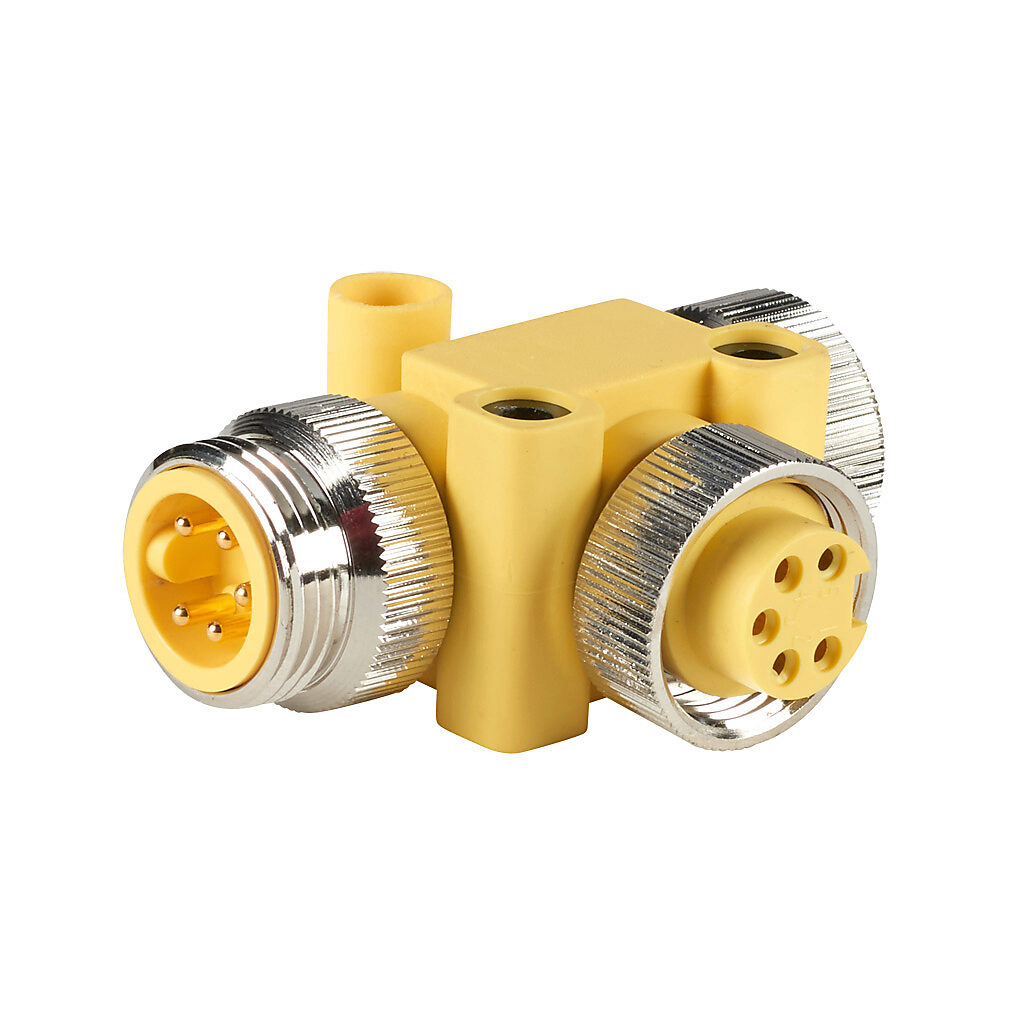 ZP-S1-5MFF-T - ZIPport T-coupler, (2) 5-pole female 7/8in - 16 UN2 nuts to 5-pole male 7/8in - 16 UN2 barrel, parallel distribution.
