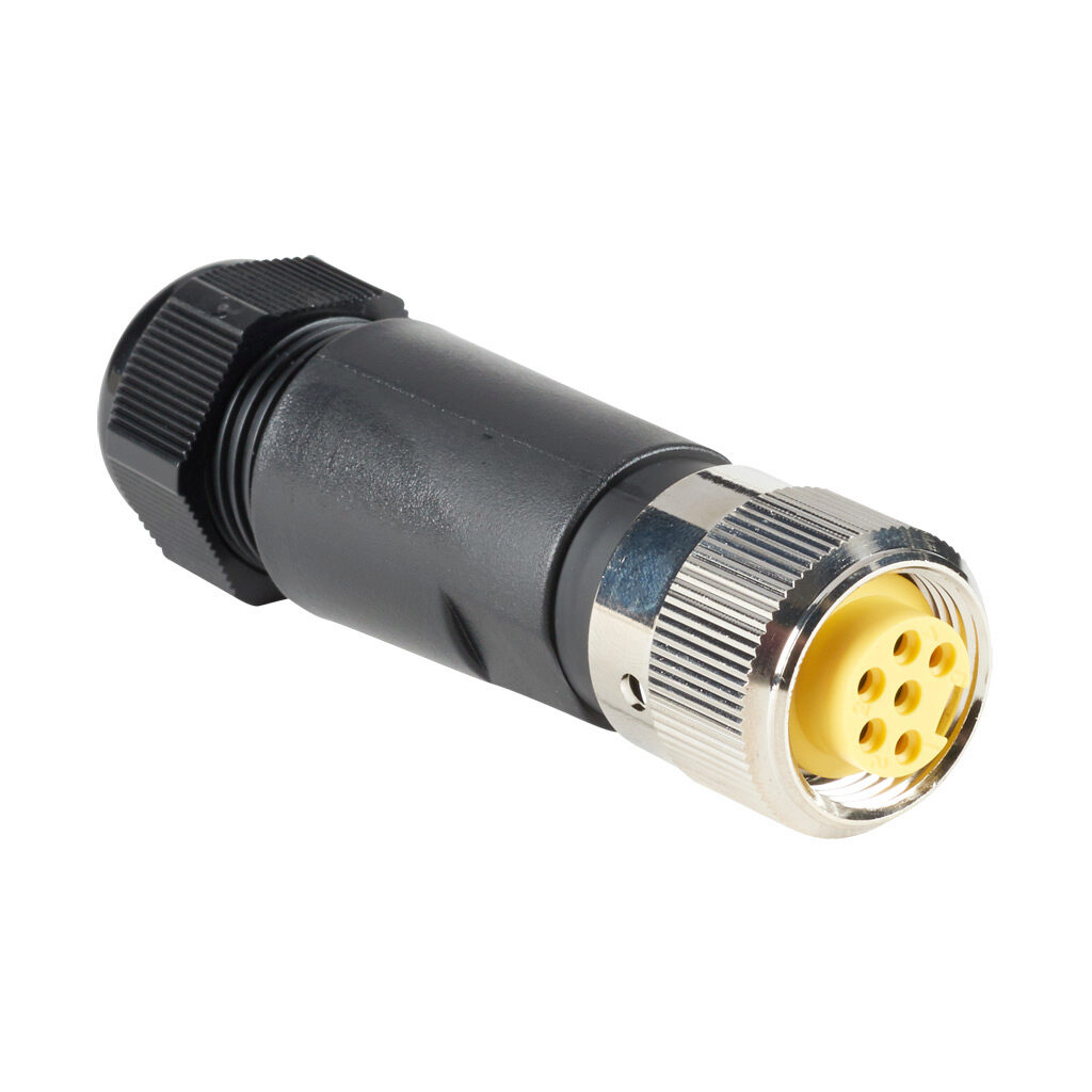 ZP-S1-6FP-FWX - ZIPport connector, field-wireable, 7/8in - 16 UN2 thread nut 6-pin female axial, accepts cable diameter size 8-17mm, 22-16 AWG, North American color code, screw terminal connection, IP67.
