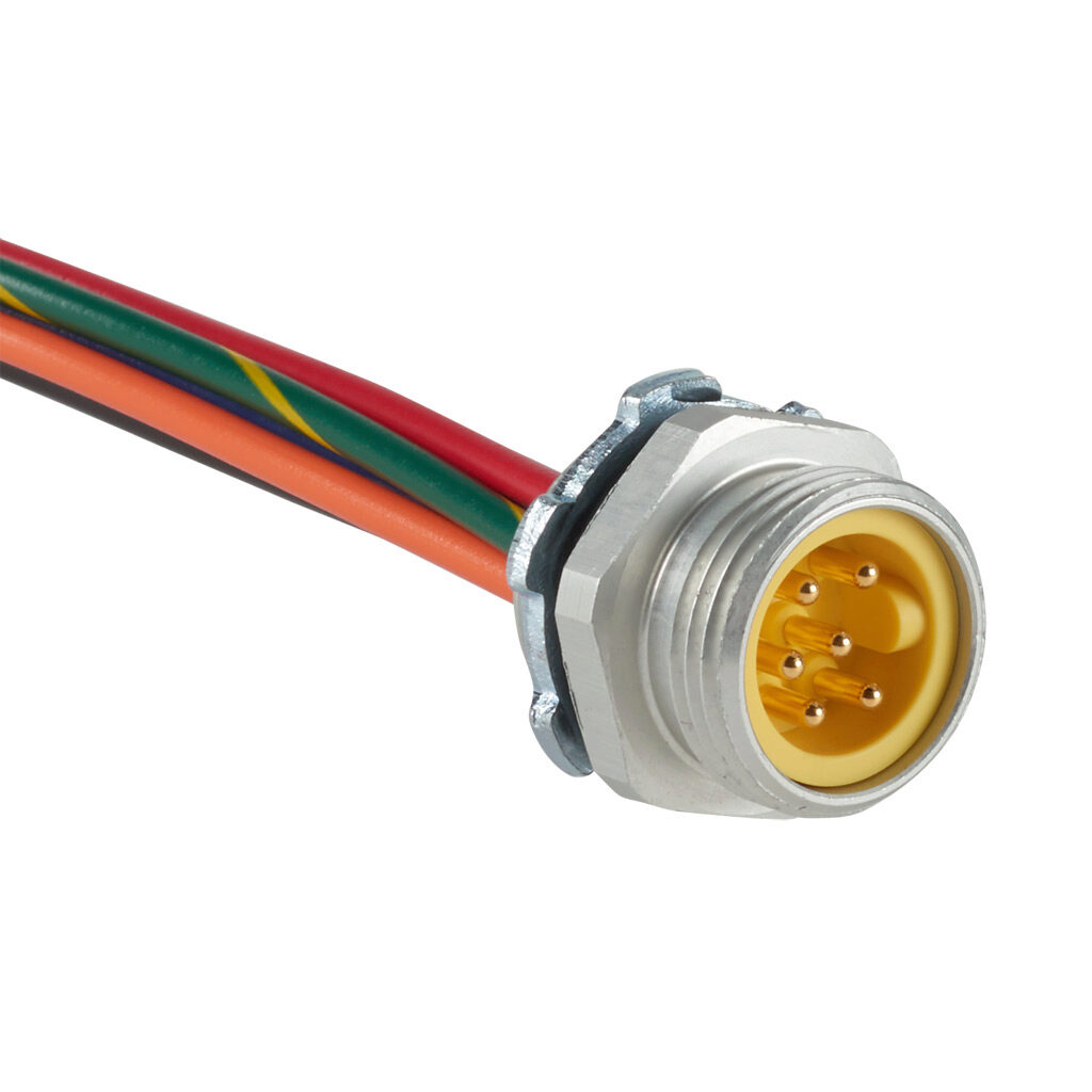 ZP-S1-6MR-0P3M - ZIPport bulkhead connector, 7/8in 6-pin male to pigtail, 16 AWG, 0.9ft/0.3m cable length, ether-based polyurethane conductor insulation material, IP67.