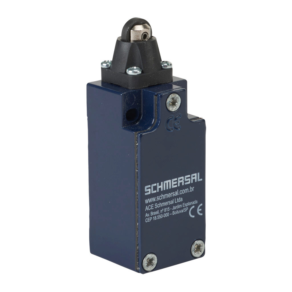 ZR-235-11Z - Schmersal IEC limit switch, metal plunger with plastic roller, 90-degree adjustable head, (1) N.O./(1) N.C. contact(s), snap action, 20-22mm hole spacing, zinc alloy, (1) M20 x 1.5 entry with 1/2in NPT adapter.