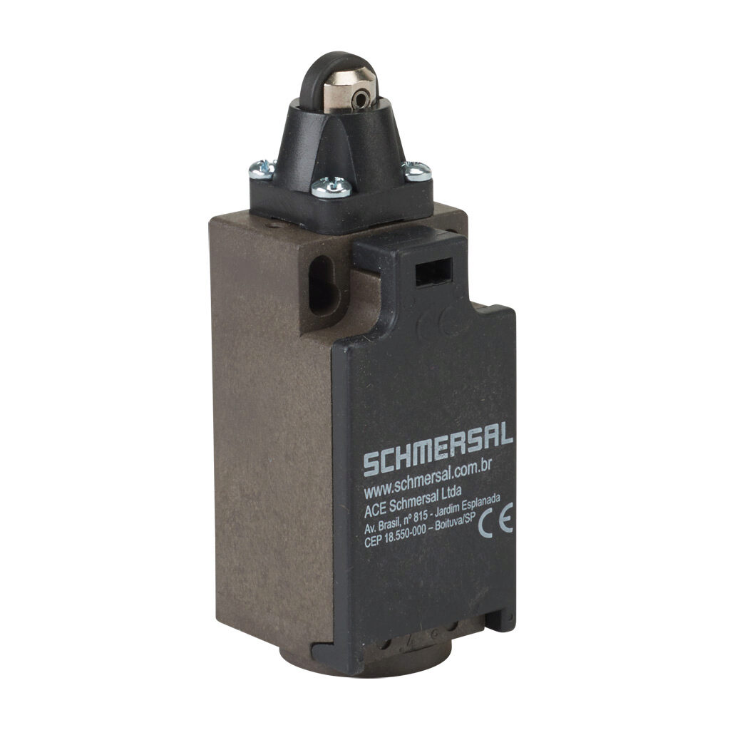 ZR-236-02Z - Schmersal IEC limit switch, metal plunger with plastic roller, 90-degree adjustable head, (2) N.C. contact(s), snap action, 20-22mm hole spacing, glass-fiber thermoplastic, (1) M20 x 1.5 entry with 1/2in NPT adapter.