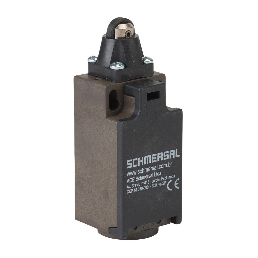 ZR-236-11Z - Schmersal IEC limit switch, metal plunger with plastic roller, 90-degree adjustable head, (1) N.O./(1) N.C. contact(s), snap action, 20-22mm hole spacing, glass-fiber thermoplastic, (1) M20 x 1.5 entry with 1/2in NPT adapter.