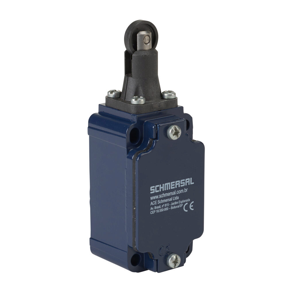 ZR-335-11Z - Schmersal IEC limit switch, metal plunger with plastic roller, 90-degree adjustable head, (1) N.O./(1) N.C. contact(s), snap action, 30mm hole spacing, aluminum, (1) M20 x 1.5 entry with 1/2in NPT adapter.