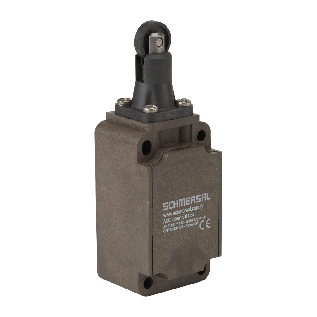 ZR-336-11Z - Schmersal IEC limit switch, metal plunger with plastic roller, 90-degree adjustable head, (1) N.O./(1) N.C. contact(s), snap action, 30mm hole spacing, glass-fiber thermoplastic, (1) M20 x 1.5 entry with 1/2in NPT adapter.