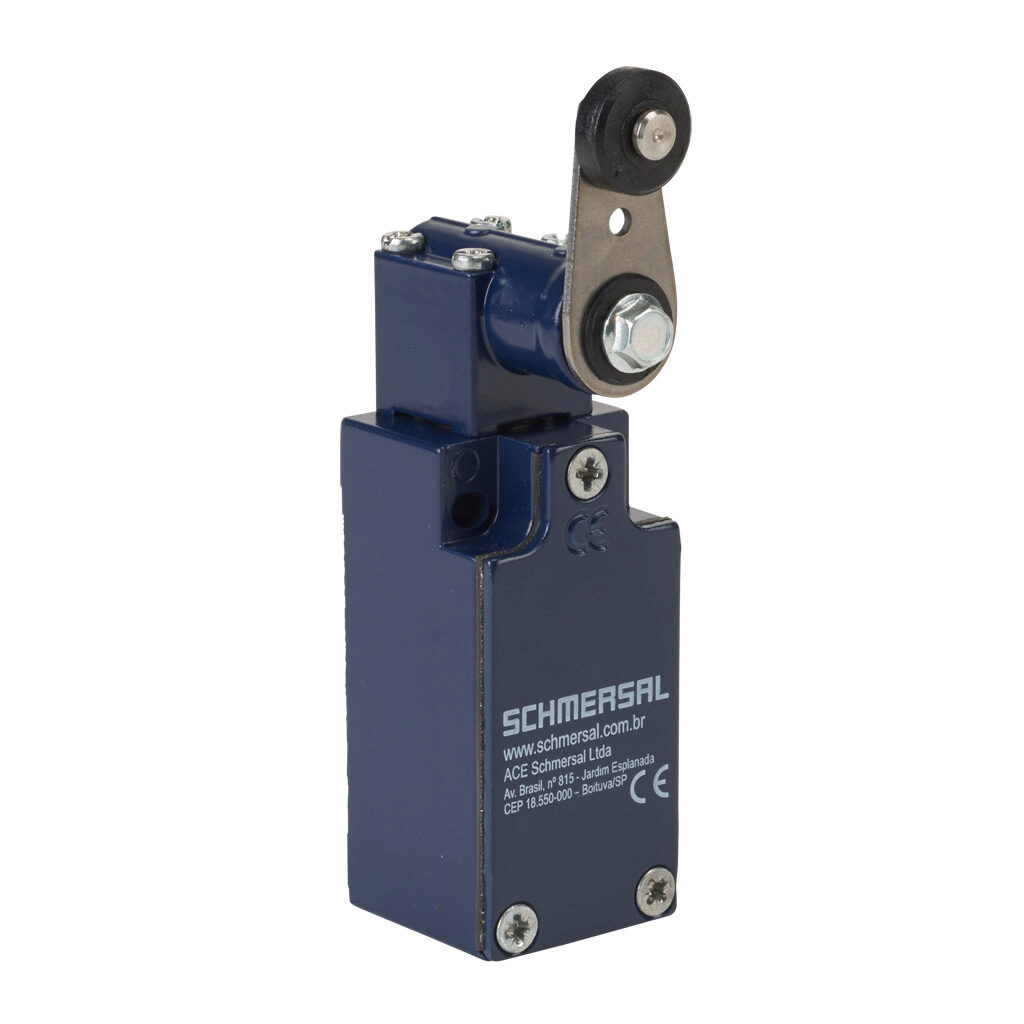 ZV12H-235-02Z - Schmersal IEC limit switch, side rotary lever with plastic roller, 90-degree adjustable head, (2) N.C. contact(s), snap action, 20-22mm hole spacing, zinc alloy, (1) M20 x 1.5 entry with 1/2in NPT adapter.