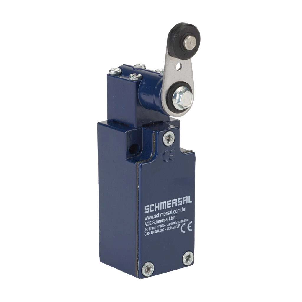 ZV12H-235-11Z - Schmersal IEC limit switch, side rotary lever with plastic roller, 90-degree adjustable head, (1) N.O./(1) N.C. contact(s), snap action, 20-22mm hole spacing, zinc alloy, (1) M20 x 1.5 entry with 1/2in NPT adapter.
