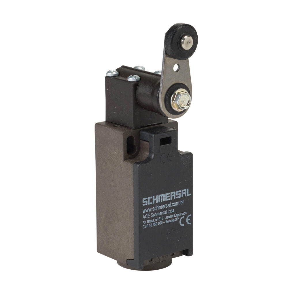 ZV12H-236-11Z - Schmersal IEC limit switch, side rotary lever with plastic roller, 90-degree adjustable head, (1) N.O./(1) N.C. contact(s), snap action, 20-22mm hole spacing, glass-fiber thermoplastic, (1) M20 x 1.5 entry with 1/2in NPT adapter.
