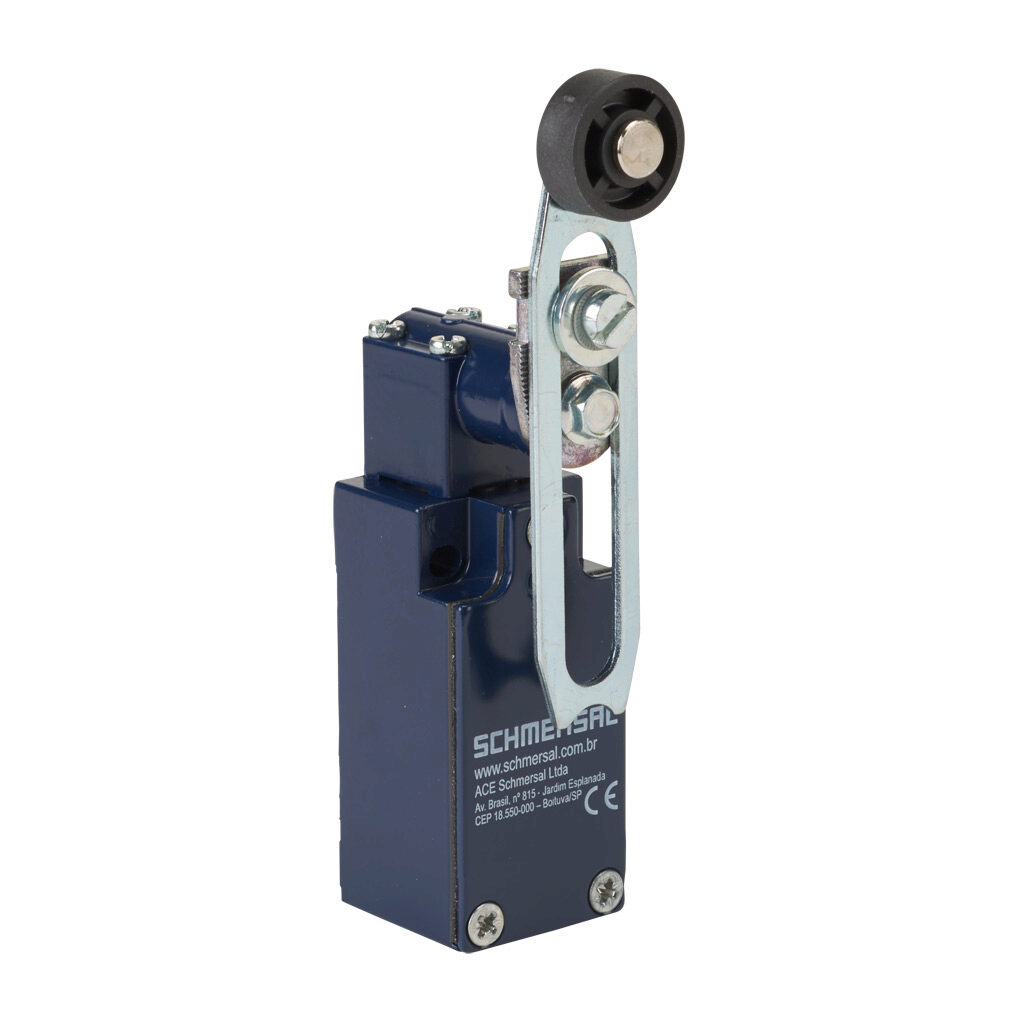 ZV7H-235-02Z - Schmersal IEC limit switch, side rotary adjustable lever with plastic roller, 90-degree adjustable head, (2) N.C. contact(s), snap action, 20-22mm hole spacing, zinc alloy, (1) M20 x 1.5 entry with 1/2in NPT adapter.