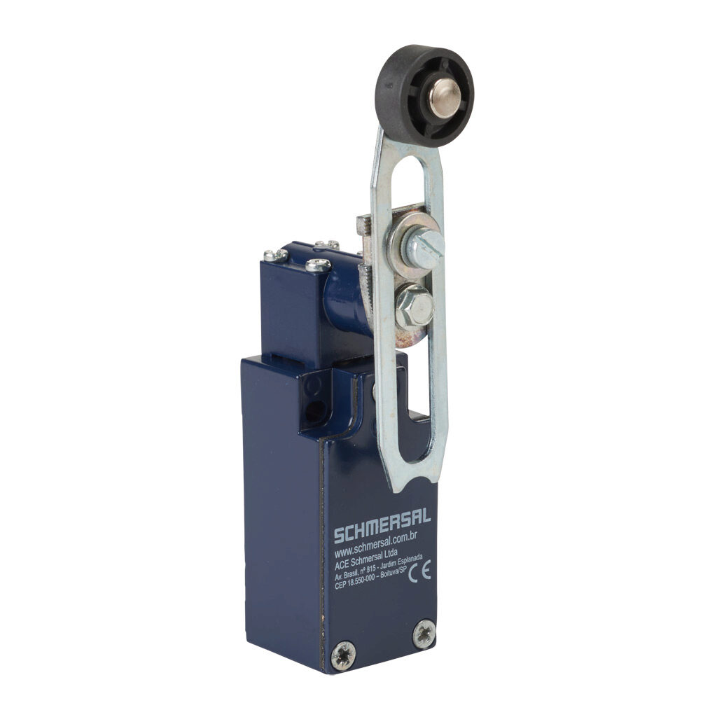ZV7H-235-11Z - Schmersal IEC limit switch, side rotary adjustable lever with plastic roller, 90-degree adjustable head, (1) N.O./(1) N.C. contact(s), snap action, 20-22mm hole spacing, zinc alloy, (1) M20 x 1.5 entry with 1/2in NPT adapter.