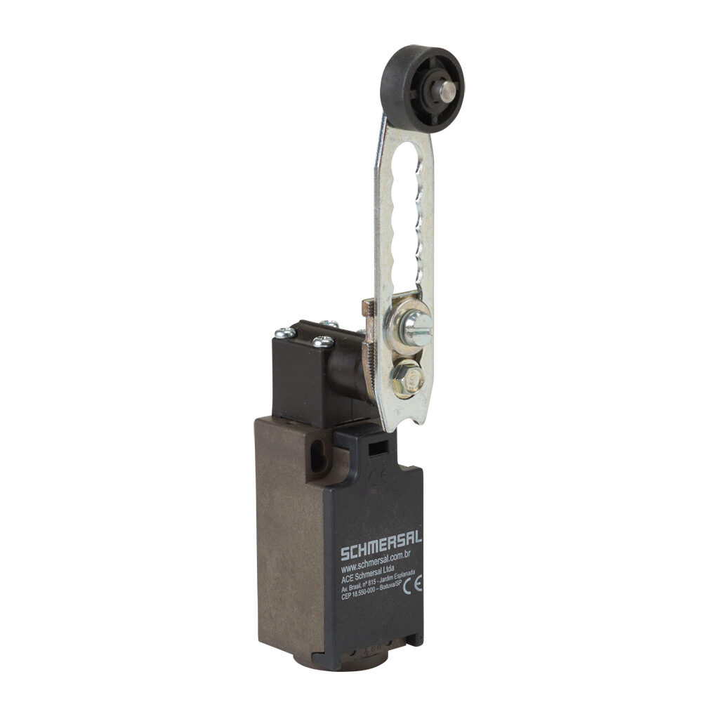 ZV7H-236-11Z-2138 - Schmersal IEC limit switch, side rotary adjustable lever with plastic roller, 90-degree adjustable head, (1) N.O./(1) N.C. contact(s), snap action, 20-22mm hole spacing, glass-fiber thermoplastic, (1) M20 x 1.5 entry with 1/2in...