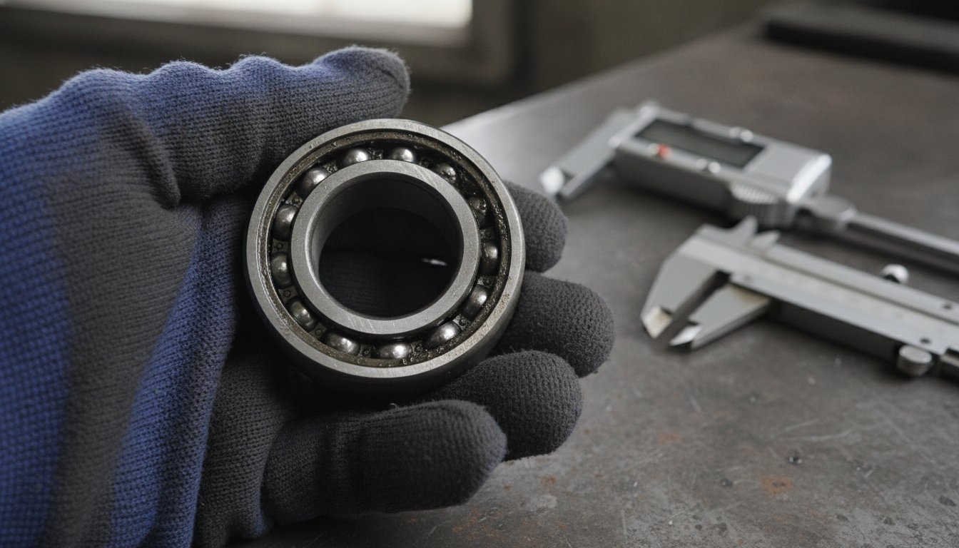Worn deep-groove ball bearing held in a gloved hand next to a caliper on a workbench