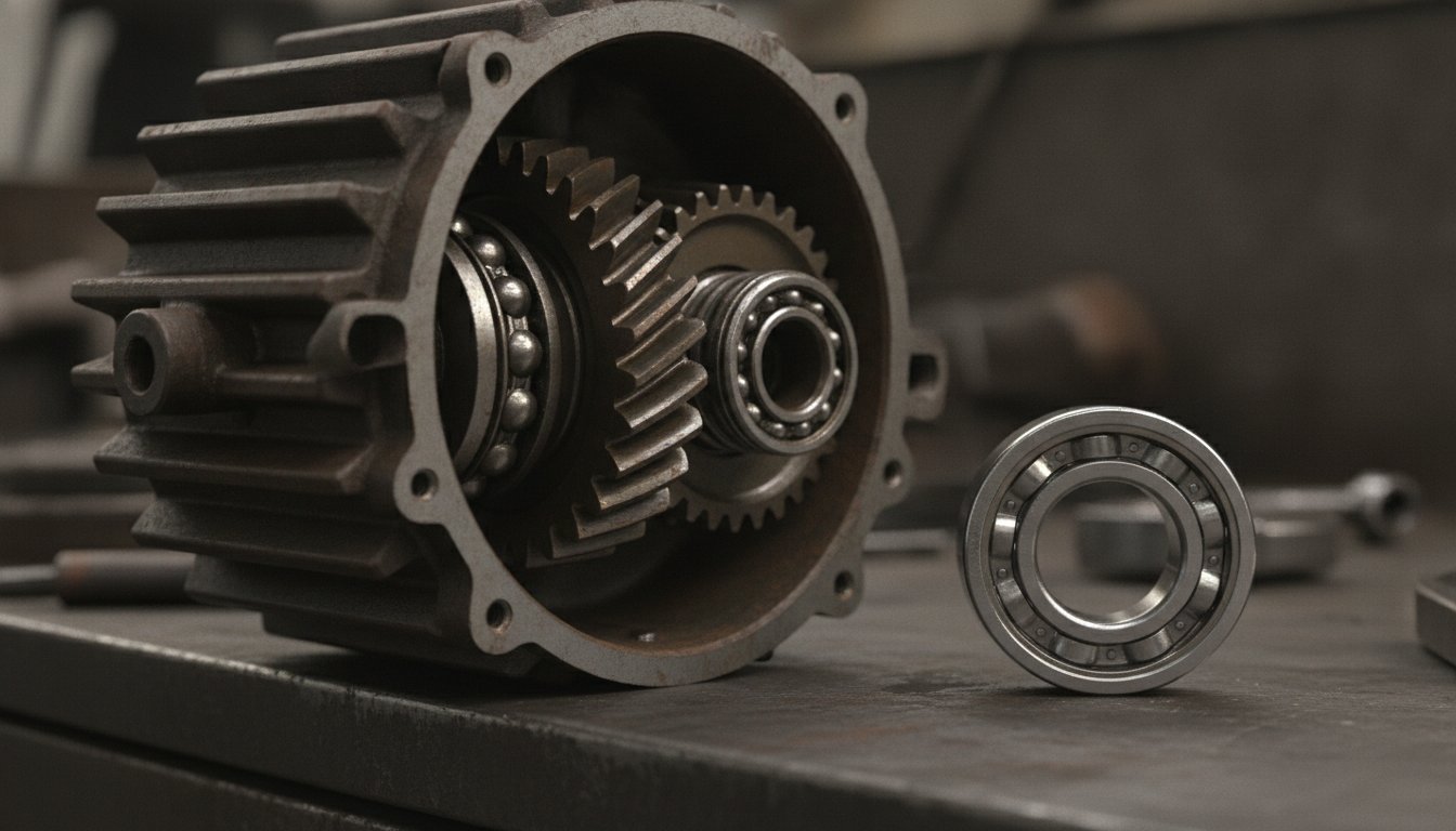 Disassembled industrial gearbox showing worn internal bearings beside a new replacement bearing on a workbench