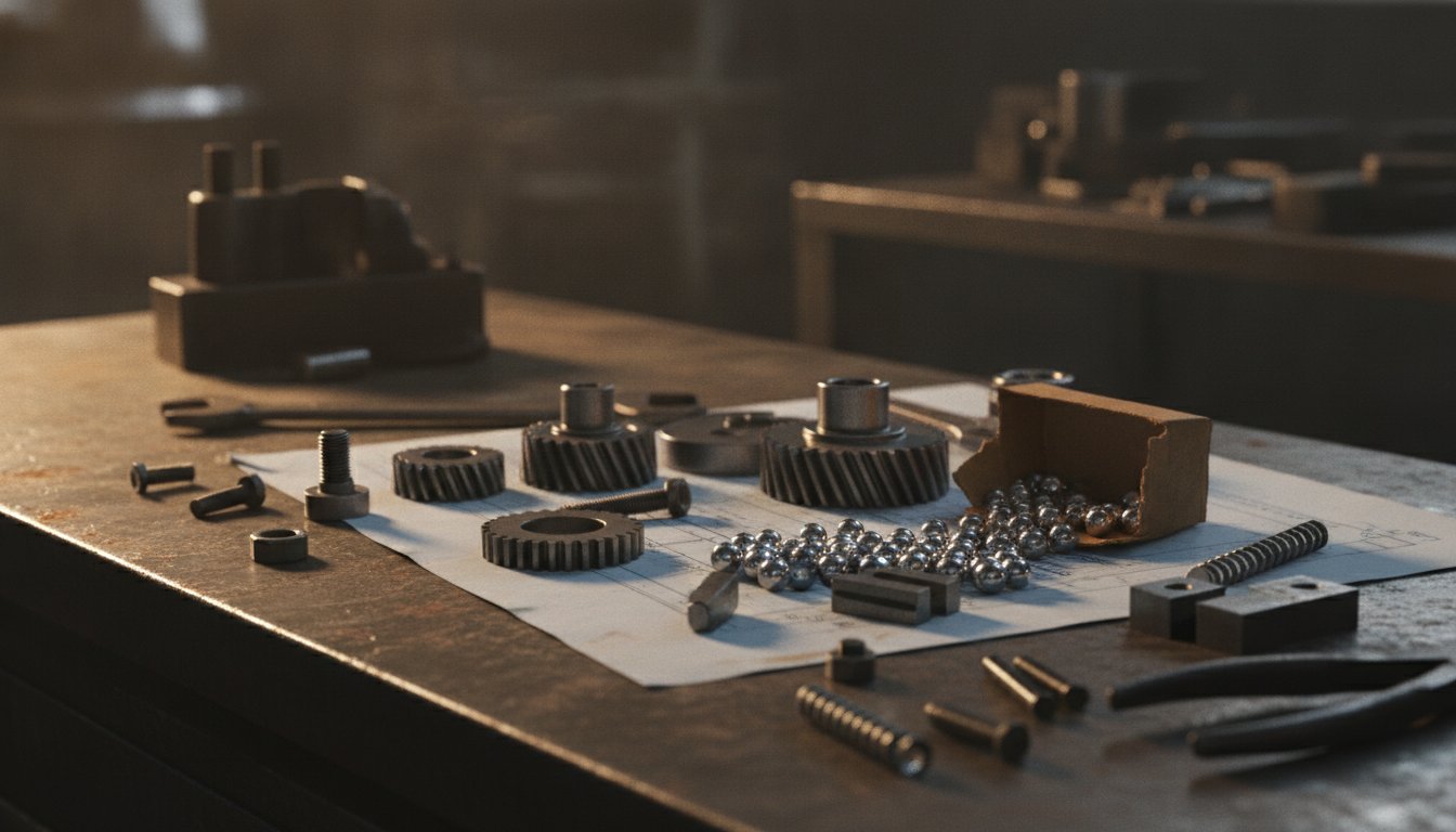 Industrial workbench with gears, bearings, and fasteners scattered on an engineering blueprint