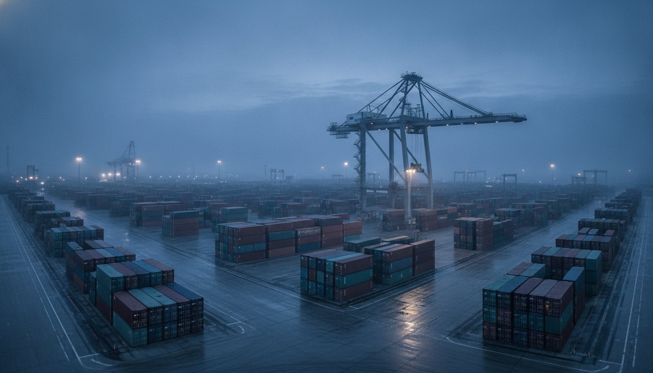 Industrial shipping port with stacked cargo containers and a crane at dusk