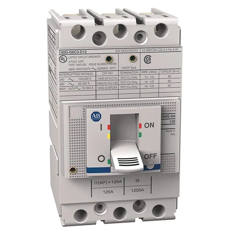 Allen-Bradley Molded Case Ckt Bkr,125A G Frame,65 kA at 480V,T/M Fixed Thrm Fixed Mag,3 Poles,125A,80 Percent MCCB,Std Bus Bar Mount, Top Feed,Non e,None,NONE,No Maintenance Mode,None