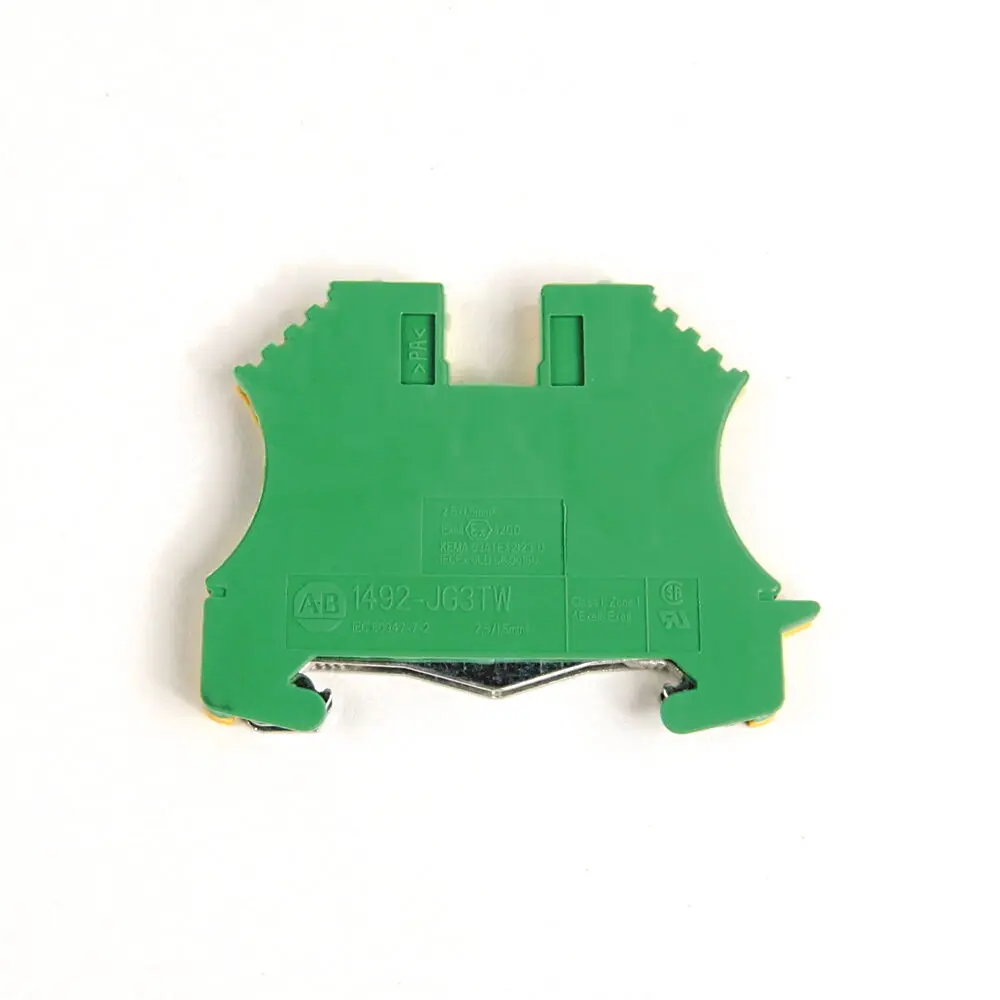 Allen-Bradley Terminal Block, Screw Connection, Feed Through Grounding with 3 Connection Points  2 on One Side, 5.1 x 60 x 39.5mm (0.20 x 2.36 x 1.56 in), 1 Pole, Green/Yellow, Pkg. Qty. of 100, WIRE RANGE (Rated Cross Section) v SIngle Side UR  #22a12 AWG, CSA  #22