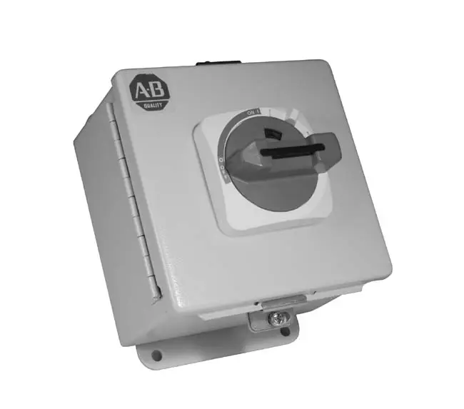 Allen-Bradley 194E Load switch,25 A,OFF ON 90°,3 Normally Open Power Poles,NEMA 3/4/12 IP66 Pntd Stl (Sq),Base/DIN Rail,Standard Size Enclosure,Actuator: Black or None,Left: Aux Contact (1NO 1NC),Right: No Modification