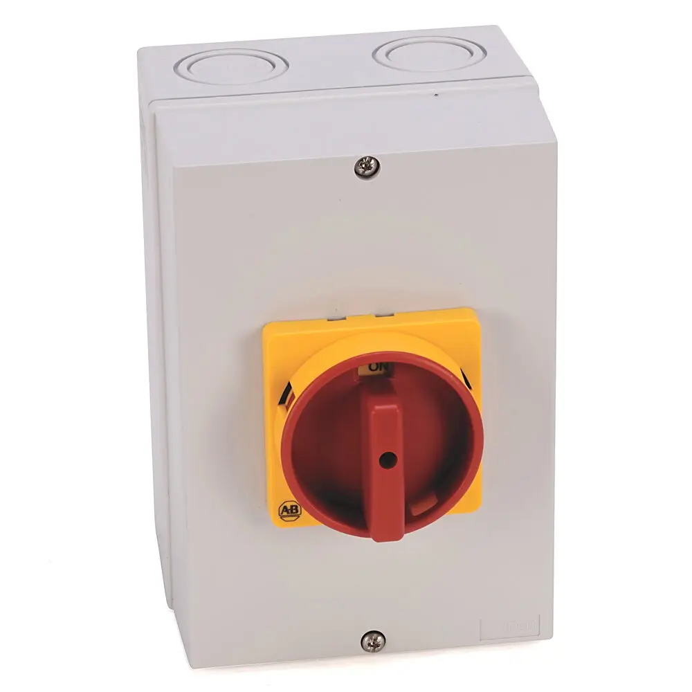 Allen-Bradley 194E Load switch,32 A,3 Poles,OFF ON 90°,IP65 (Thermoplastic),Base/DIN Rail,Standard Terminals,With Type N Red/Yellow ACTR,Enclosed Switch Style,OFF ON 90°,Metric Type Cable Gland Entry