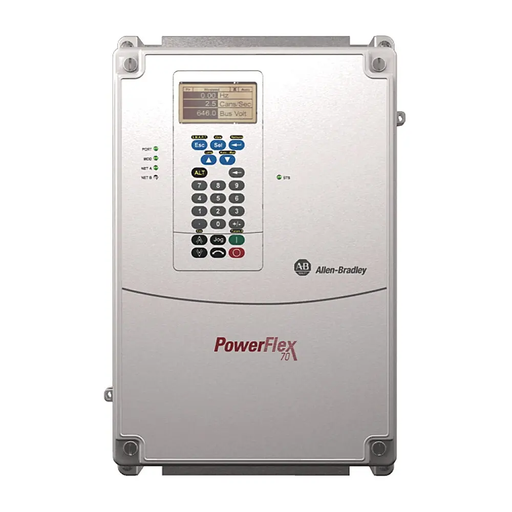 Allen-Bradley 20A,54 A at 20 Hp,208/240V AC Three Phase,IP66/NEMA/UL 4X/12 Wall,No Feedback,No HIM  Blank Plate,No Communication Module,W/ EMC Filt & ComModeChoke,Brake IGBT Installed,No Internal Brake Resistor,E Frame,Enhanced Control with 24V I/O,Documentation